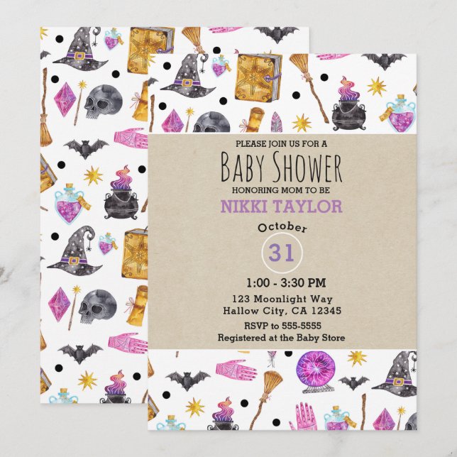Magic Halloween Watercolor Whimsical Baby Shower Inbjudningar (Fram/baksida)