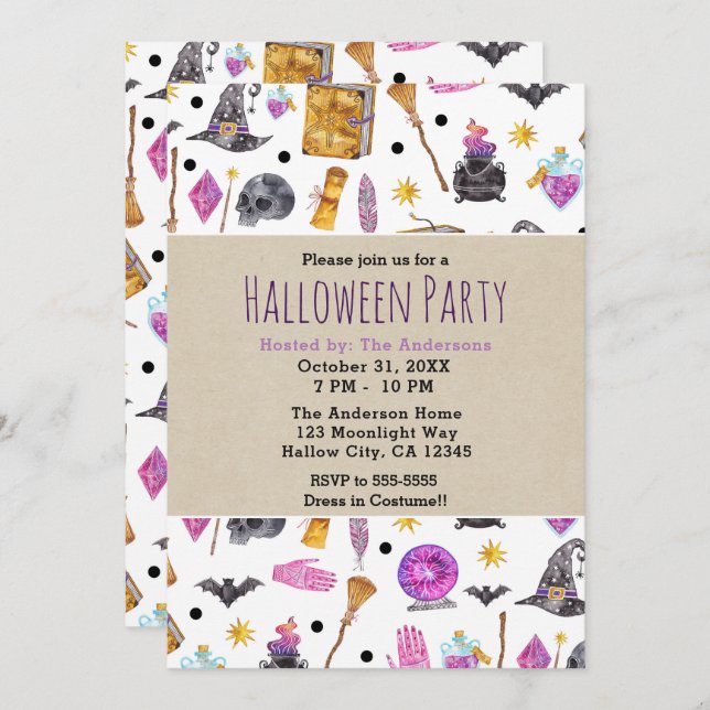 Magic Halloween Watercolor Whimsical Party Inbjudningar (Fram/baksida)