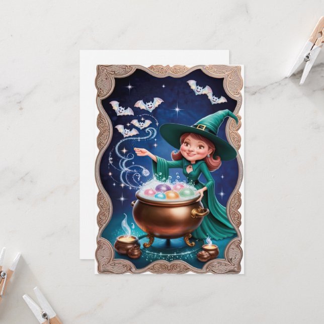 Magic Halloween Witch med Cauldron Kort (Fram/Back In Situ)