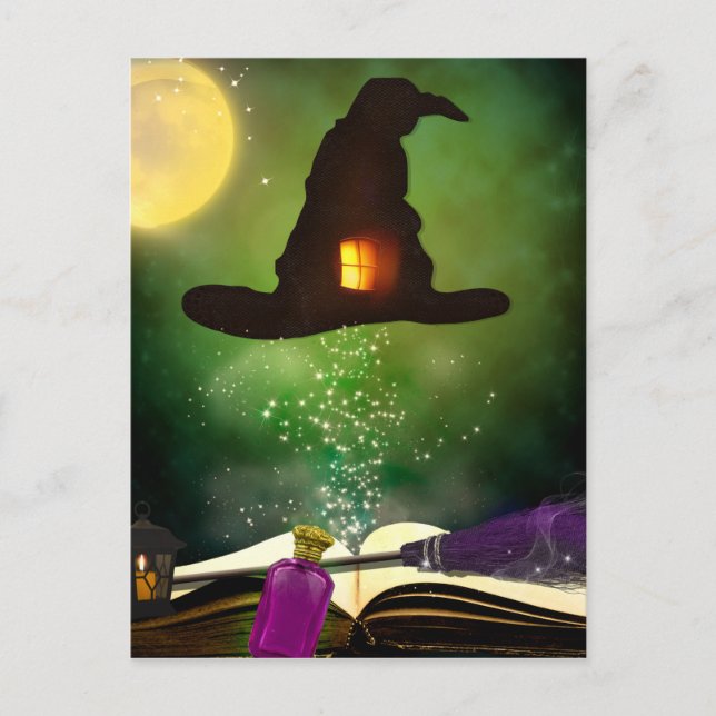 Magic Hat & Magic Spell Bok Whimsical Halloween Vykort (Framsida)