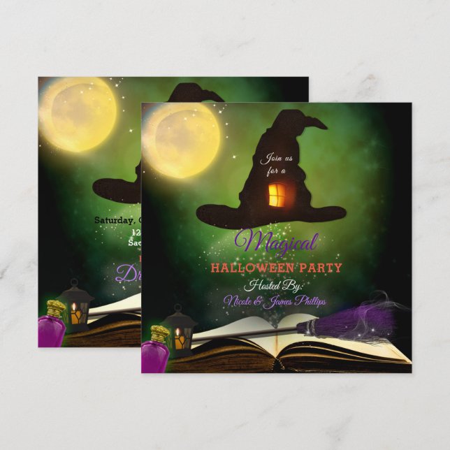 Magic Hat & Magic Spell Bok Whimsical Roligt Party Inbjudningar (Fram/baksida)