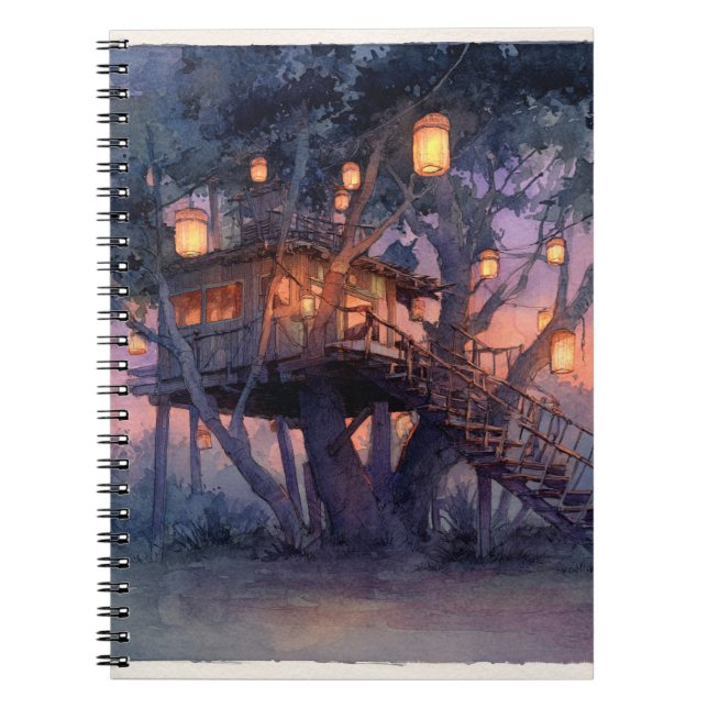 Magic Lantern-Lit Treehouse Illustration Anteckningsbok (Framsidan)