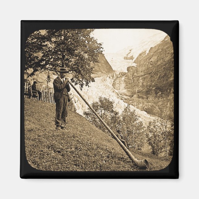 Magic Lantern Slide Swiss Alpernas Horn Blower Magnet (Framsidan)