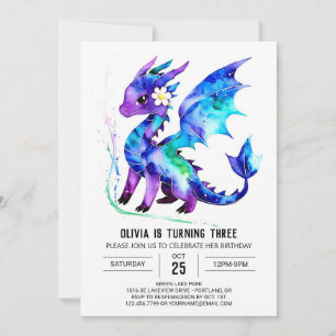 Magic Lila Dragon Digital Girl Birthday Inbjudningar
