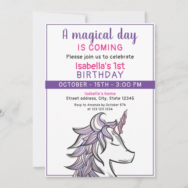 Magic Lila Unicorn 1:a födelsedagen Party Inbjudningar (Framsida)