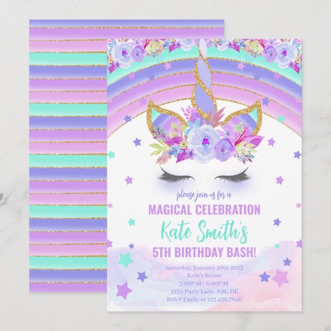 Magic Lila Unicorn Birthday Inbjudningar (Fram/baksida)
