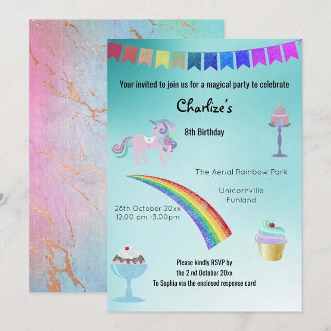 Magic Lila Unicorn Sweets Birthday Pastel Inbjudningar (Fram/baksida)
