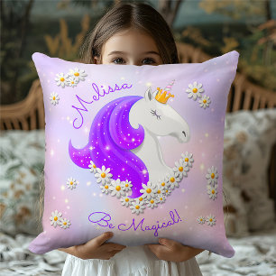 Magic Lilac Unicorn Flowers & Stars Kudde
