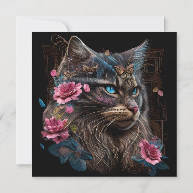 Magic Maine Coon cat and rosa blommor AI art. (Framsida)