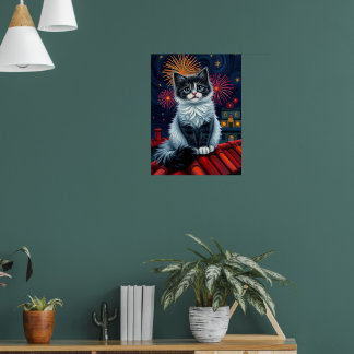 Magic Midnight Kitten Poster - Fluffy Cat Art