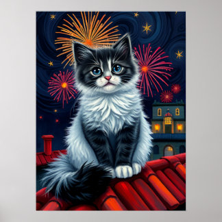 Magic Midnight Kitten Poster - Fluffy Cat Art