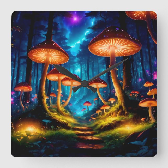 Magic Midnight Mushroom Forest Fyrkantig Klocka (Framsida)