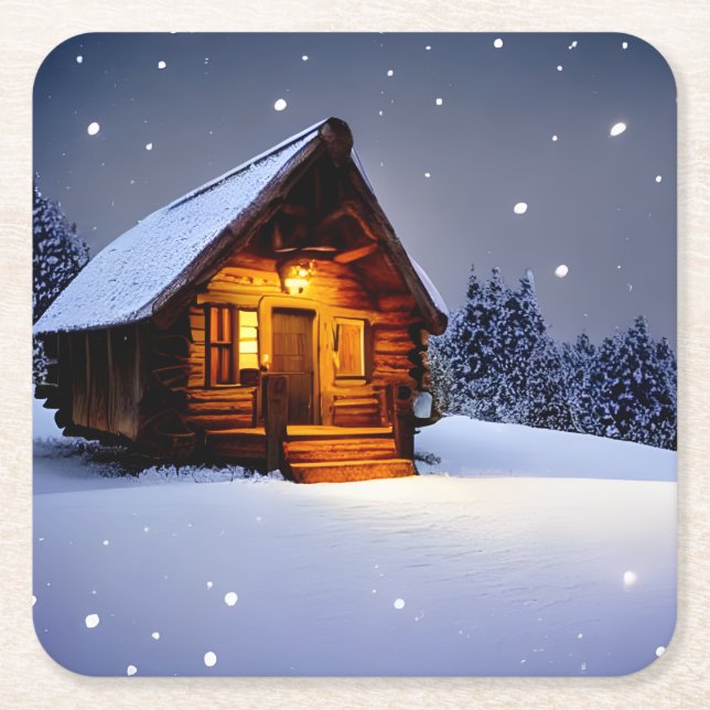 Magic Midnight Winter Cabin Underlägg Papper Kvadrat (Framsidan)