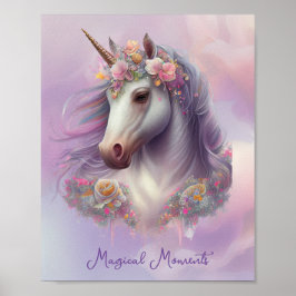 Magic Moments Unicorn Rosa Pastel Blommigt Glitter Poster