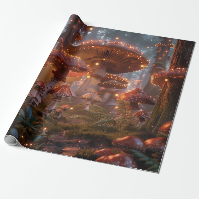 Magic Mushroom Fairy Forest Digital Art Presentpapper (Utrullad)