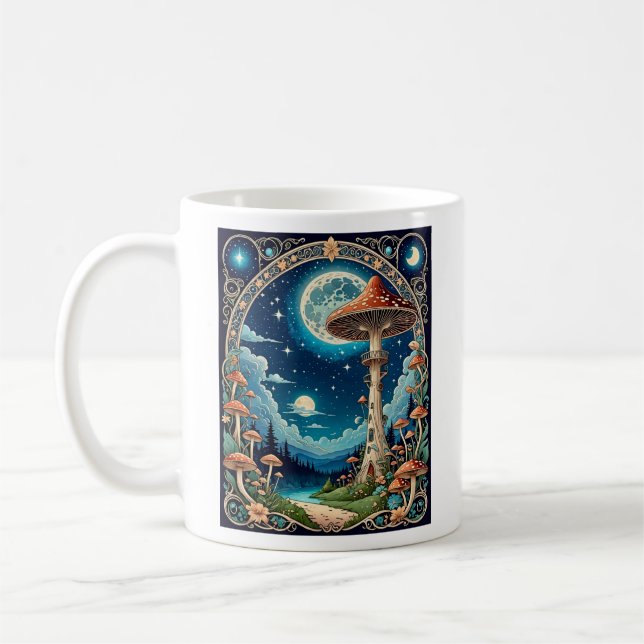 Magic Mushroom Fantasy Moonlit Forest Kaffemugg (Vänster)
