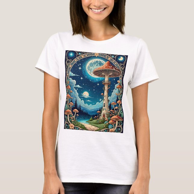 Magic Mushroom Fantasy Moonlit Forest T-Shirt (Framsida)
