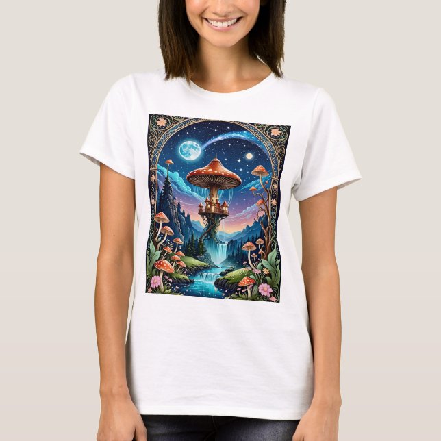 Magic Mushroom Fantasy Moonlit Forest T-Shirt (Framsida)
