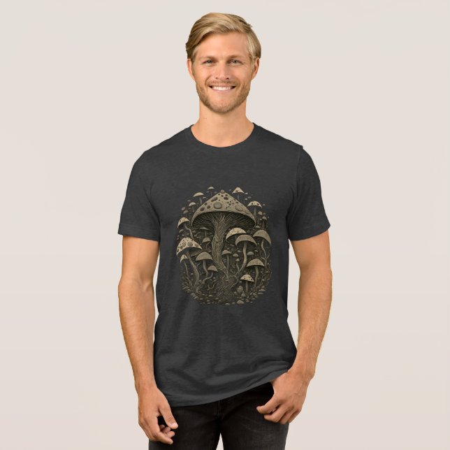 Magic Mushroom Sepia Art T Shirt (Framsida Full)