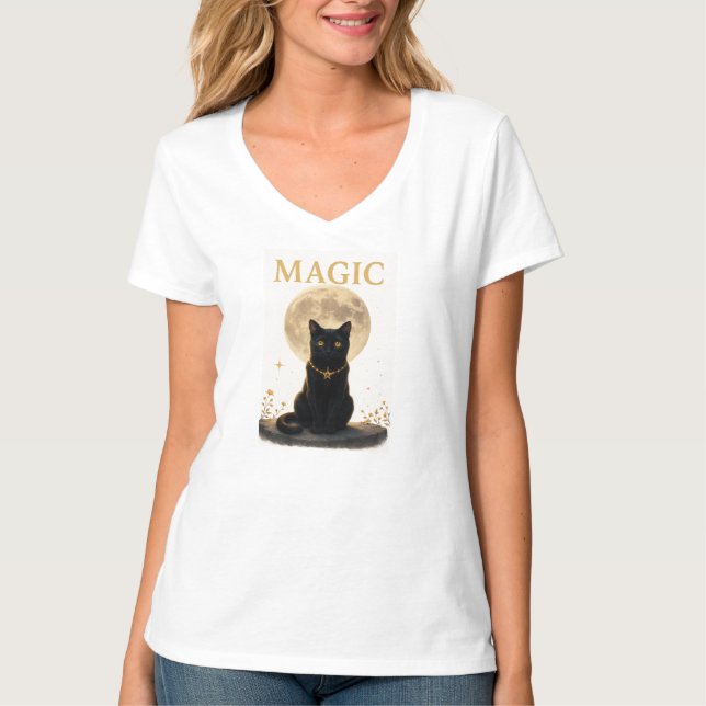 MAGIC - Mystic Black Cat & Full Moon Design T Shirt (Framsida)