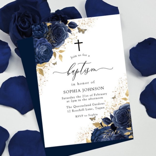 Magic Navy Indigo Blue Ro & Guld Baptism Inbjudningar (Skapare uppladdad)