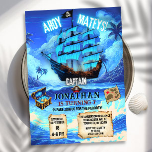 Magic Neon Blue Glow Pirat Frakt Ahoy Birthday Inbjudningar