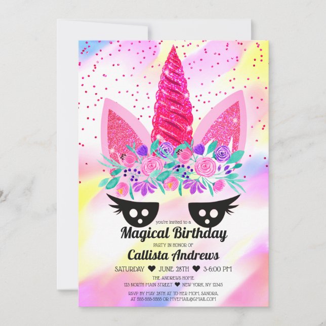 Magic Neon Rosa Unicorn Blommigt Glitter Birthday Inbjudningar (Framsida)