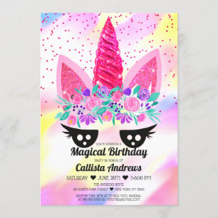 Magic Neon Rosa Unicorn Blommigt Glitter Birthday Inbjudningar