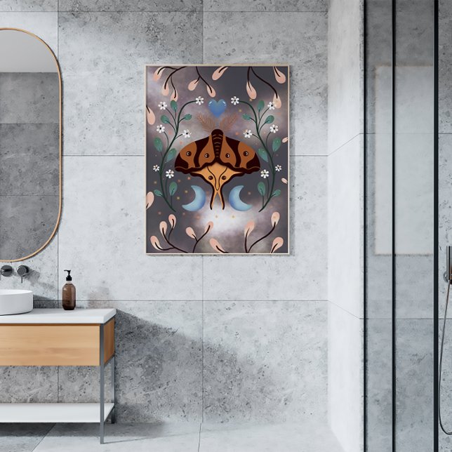 Magic Night Moth och Måne Poster (moth themed wall art in a modern bathroom)