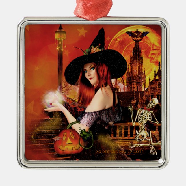 Magic Night Witch Silver Square Ornament (Framsidan)