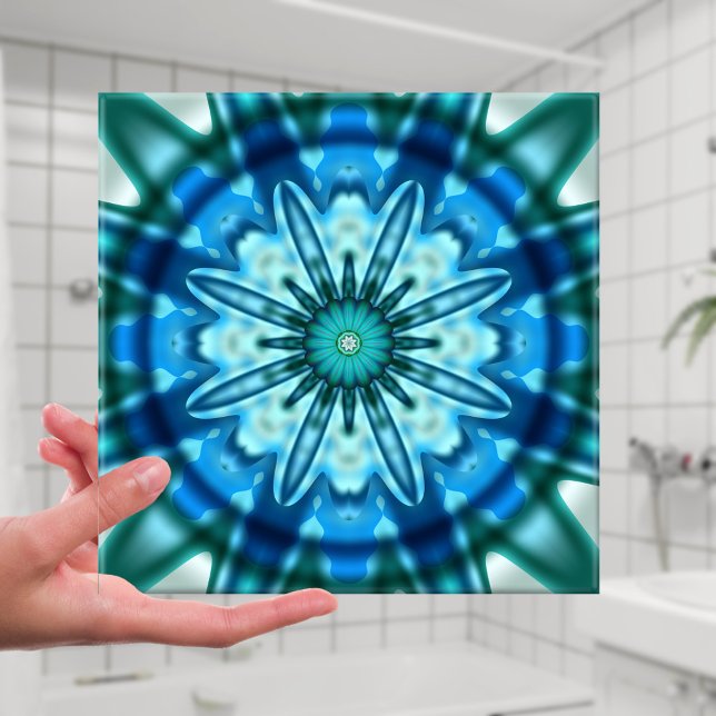 Magic Ocean Fractal Art Tile Kakelplatta (Bathroom tile with a beautiful blue and teal geometrical abstract fractal design)