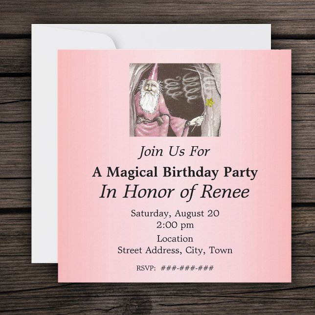 Magic Old Wizard Elf Magic Trollspö Star Birthday Inbjudningar (Magical Wizard in cave with ferret on pink Birthday party invitations.)