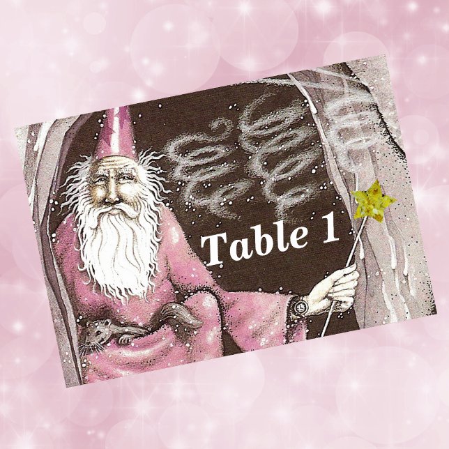 Magic Old Wizard Elf Magic Trollspö Star Bordsnummer (Old wizard pink robes ferret star magic wand in cave on event table cards.)