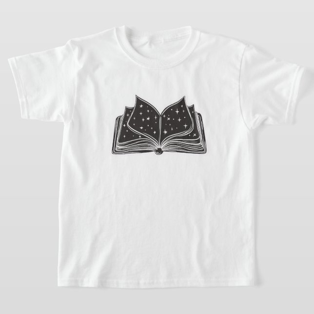 Magic Open Spellbook – Stars and Wizardry T Shirt (Laydown)