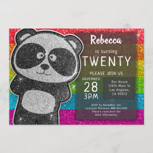 Magic Panda Birthday Black and White Glitter Inbjudningar