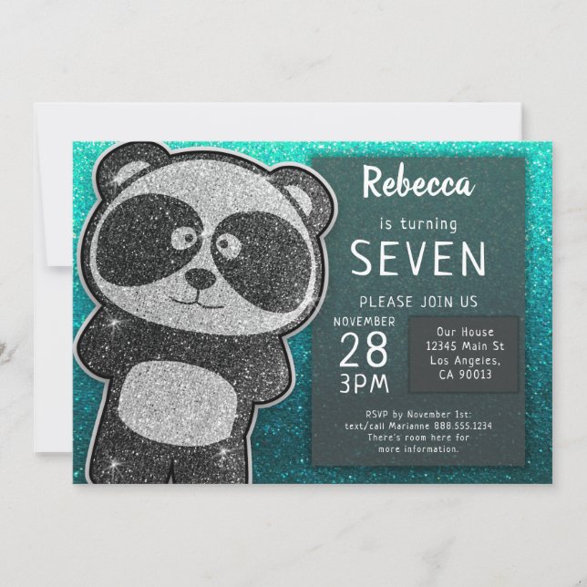Magic Panda Birthday Black and White Glitter Inbjudningar (Framsida)