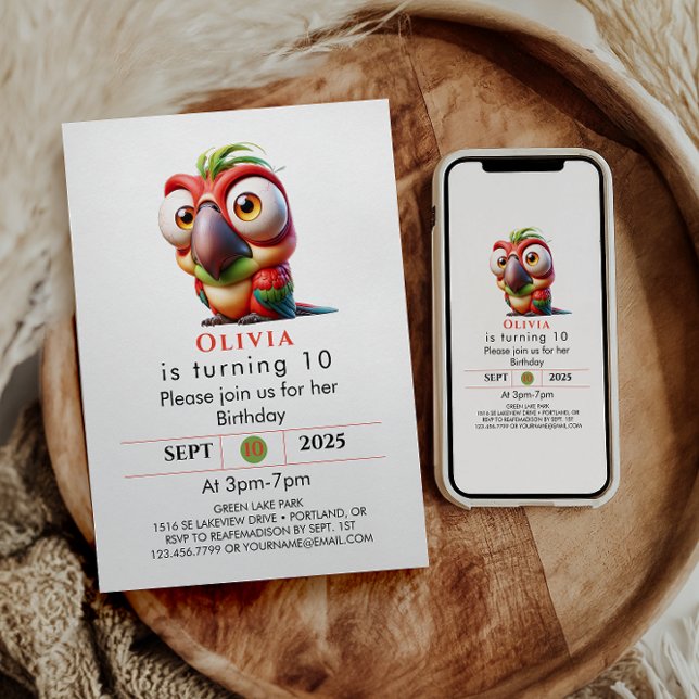 Magic Parrot Caricatures 1st Birthday Inbjudningar (Skapare uppladdad)