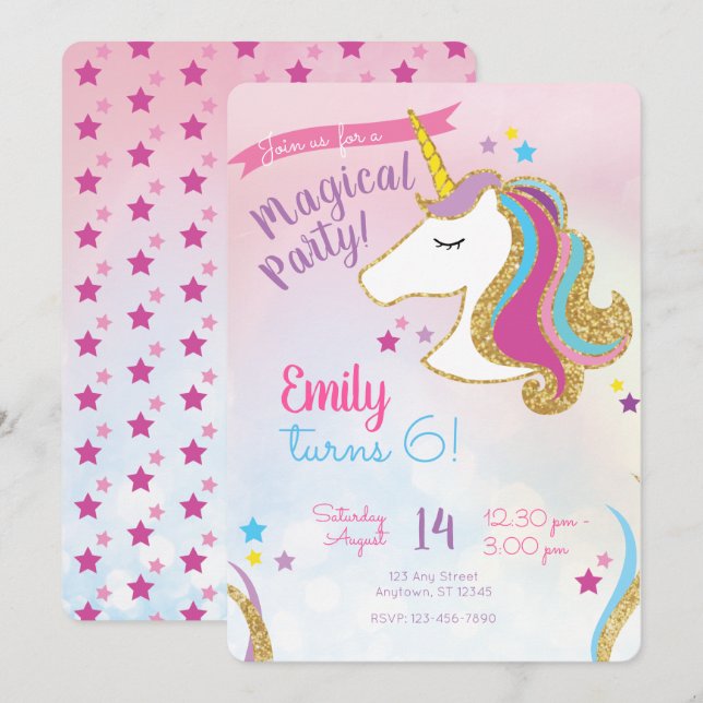 Magic Party Girls Glitter Unicorn Birthday Inbjudningar (Fram/baksida)
