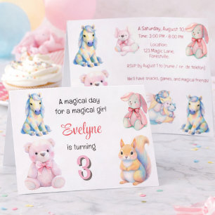 Magic Pastel Birthday Girls Unicorn Bunny Bear Inbjudan