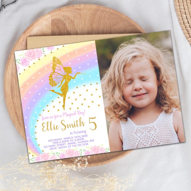 Magic Pastel Inbjudan (Rainbow Fairy Birthday Invitations with photo)