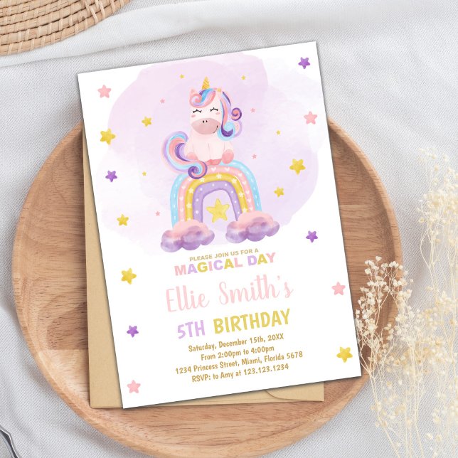Magic Pastel Party för flickor Inbjudningar (Watercolor Rainbow Unicorn Birthday Invitations)