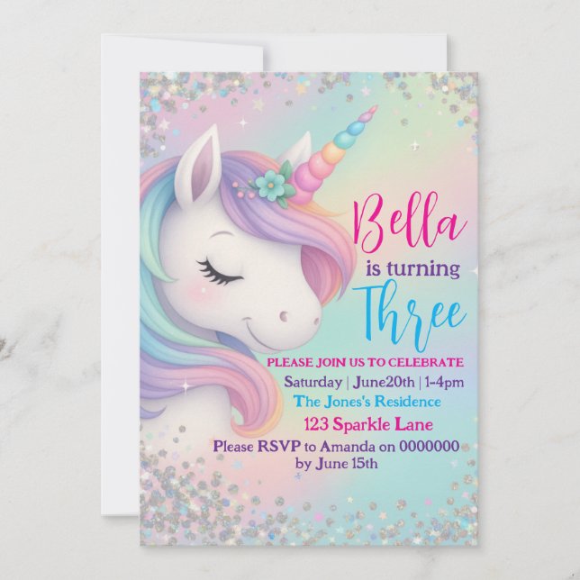 Magic Pastel Unicorn Birthday Bjud - Glitt Inbjudningar (Framsida)
