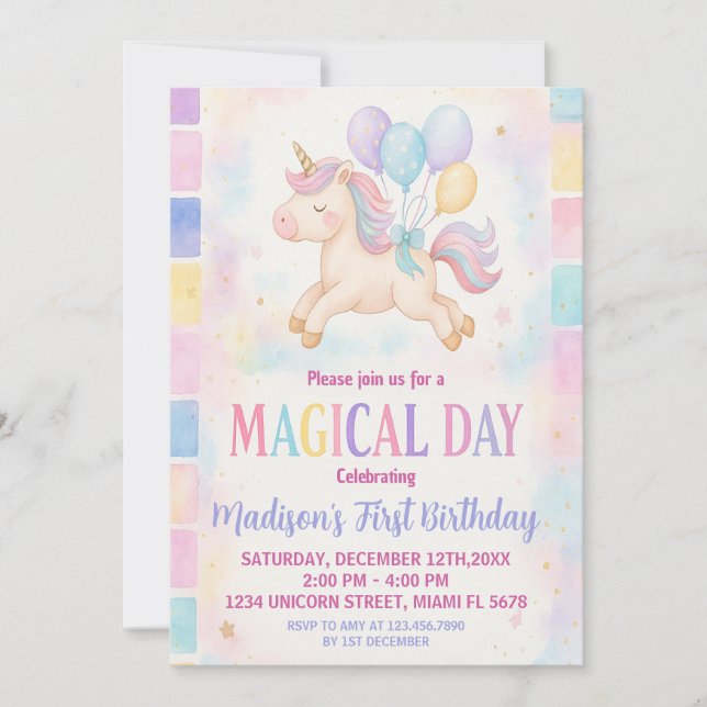 Magic Pastel Unicorn Birthday-inbjudan Inbjudningar (Framsida)