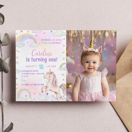Magic Pastel Unicorn Birthday Photo Inbjudan