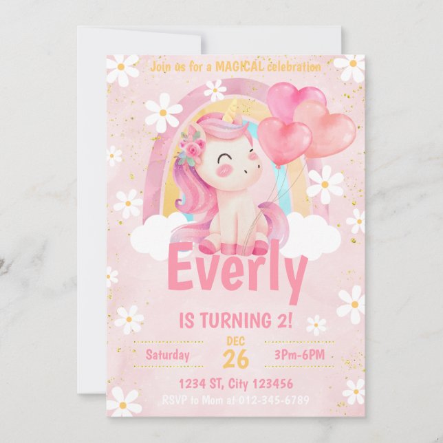 Magic Pastel Unicorn Rainbow Birthday Inbjudan (Framsida)