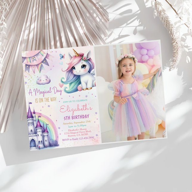 Magic Pastel Unicorn Rainbow Birthday Photo Inbjudningar (Skapare uppladdad)