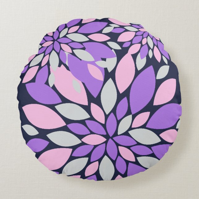 Magic Petals Lila blommor Rund Kudde (Framsidan)