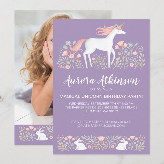 Magic Photo Unicorn Födelsedagsfest Inbjudningar (Fram/baksida)
