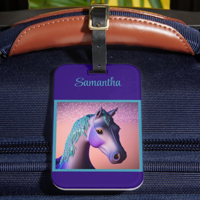 Magic Pony in Lila and Teal med eget namn Bagagebricka (Framsida Insitu 2)