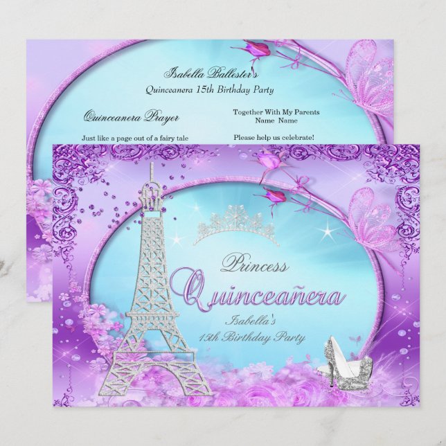 Magic Princess Quinceanera Lila Teal Blue Inbjudningar (Fram/baksida)